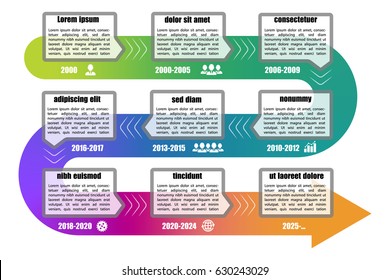 Timeline infographic template with 9 steps. Grey color rectangular elements with color arrow and icons. Vector illustration.