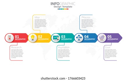 Timeline infographic template with arrows and 5 options flat design 