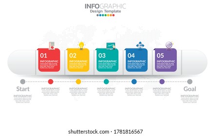 Infografik-Vorlage für Zeitlinien mit Pfeilen und 5 Optionen, flaches Design 