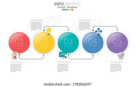 Plantilla infográfica de línea de tiempo con flechas y 5 opciones de diseño plano 