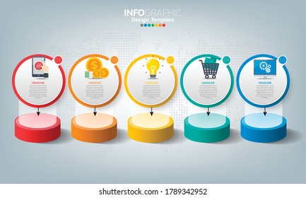 Plantilla infográfica de línea de tiempo con flechas y 5 opciones de diseño plano 