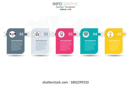 Timeline infographic template with arrows and 5 options flat design 