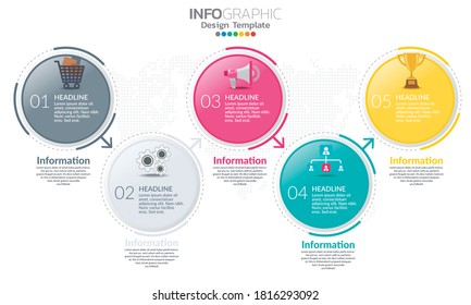 Timeline infographic template with arrows and 5 options flat design icons. 