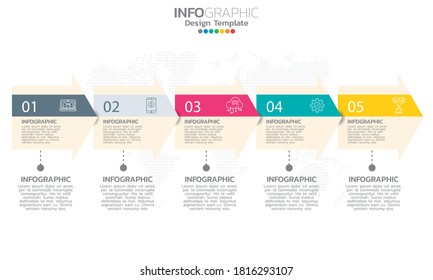Plantilla infográfica de línea de tiempo con flechas y 5 opciones de diseño plano 