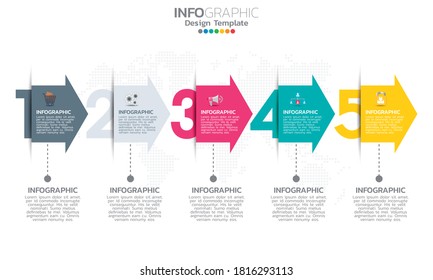Timeline infographic template with arrows and 5 options flat design 