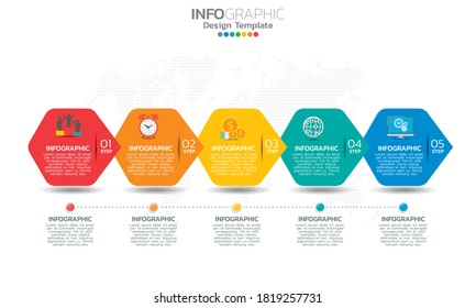Timeline infographic template with arrows and 5 options flat design icons. 