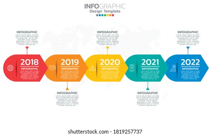 Timeline infographic template with arrows and 5 options flat design icons. 
