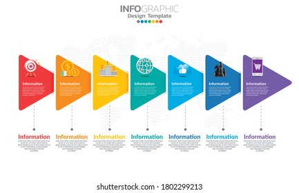 Timeline infographic template with arrows and 7 options flat design 