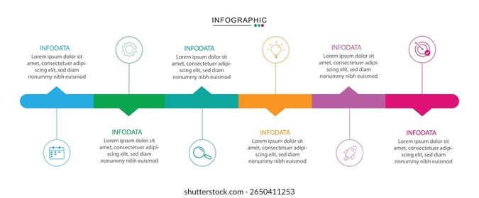 timeline infographic template, bright timeline infographic, circural infographic, business strategy timeline, templates, whit 6 steps.