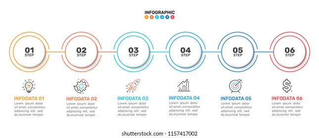 Timeline infographic template. Business concept with 6 steps, number options or processes and marketing icons. Vector linear elements for presentation.