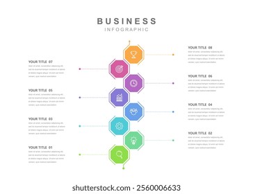 Timeline infographic template, business information with 8 options and icons for workflow, presentation and data visualization. web design vector.