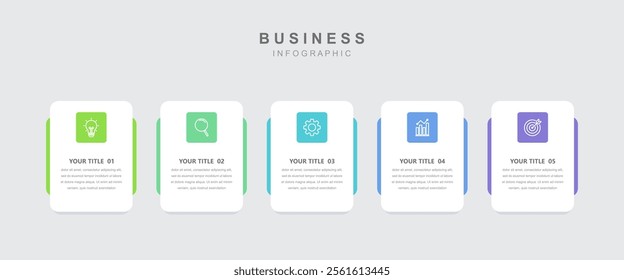 Timeline infographic template, business information with 5 options and icons for workflow, presentation and data visualization. web design vector.