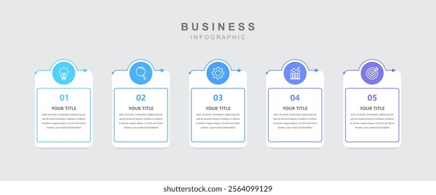 Timeline infographic template, business information with 5 options and icons for workflow, design presentation and data visualization, vector illustration.