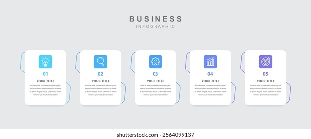 Timeline infographic template, business information with 5 options and icons for workflow, design presentation and data visualization, vector illustration.