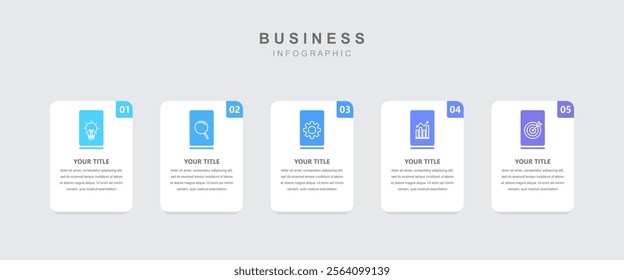 Timeline infographic template, business information with 5 options and icons for workflow, design presentation and data visualization, vector illustration.