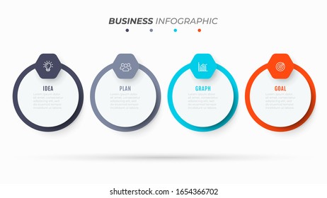 Timeline infographic template for business process steps. Vector business concept with 4 options, circle, hexagon and marketing icons.