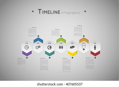 timeline infographic template with colorful hexagons and icons