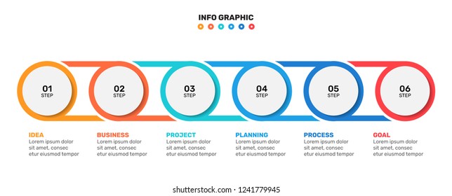 Timeline infographic template with Connection circles shape. Business concept with 6 steps, numbers or options. Vector illustration. Can be used for workflow diagram, presentation, brochure.