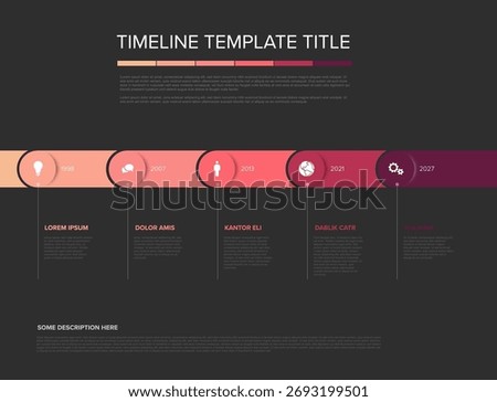 Timeline infographic template in dark shades features a horizontal path with color-coded gradient milestones. This timeline infographic showcases event markers with dates and icons.