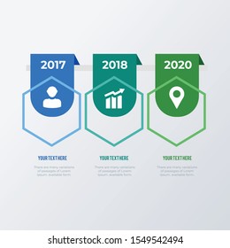 Timeline infographic template design with years and icons. Business concept infograph with 3 options, steps or processes. visualization can be used for workflow layout, diagram, annual report, web