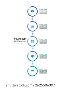 Timeline infographic template displaying five vertical, connected semi-circles with a gradient from dark blue to teal. Each semi-circle contains an icon and text area. Vector illustration.
