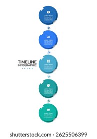 Timeline infographic template displaying five vertical, connected semi-circles with a gradient from dark blue to teal. Each semi-circle contains an icon and text area. Vector illustration.