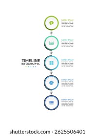 Modelo infográfico de linha do tempo exibindo cinco semicírculos verticais conectados com um gradiente do azul-escuro para azul-escuro. Cada semicírculo contém um ícone e uma área de texto. Ilustração vetorial.