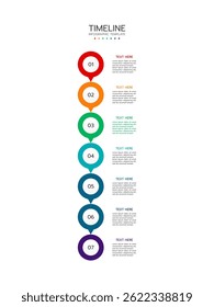 Timeline infographic template displaying seven vertical, numbered circles with a vibrant gradient from red to purple. Each circle has a connecting line to a text area. Vector illustration.