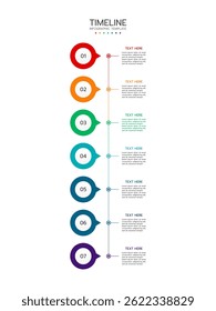 Modelo infográfico de linha do tempo exibindo sete círculos verticais numerados com um gradiente vibrante de vermelho para roxo. Cada círculo tem uma linha de conexão com uma área de texto. Ilustração vetorial.