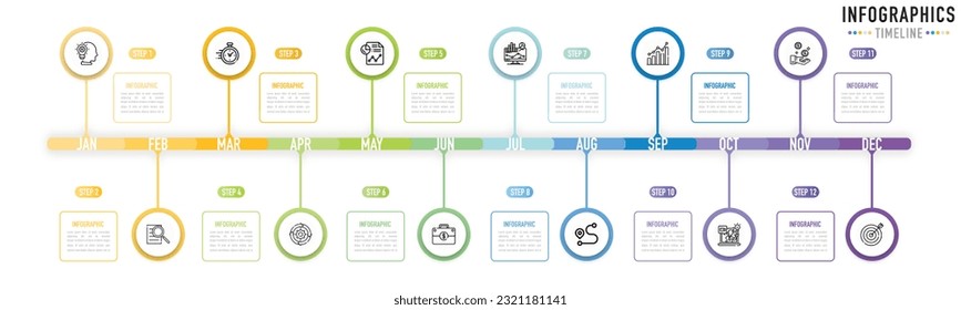 Timeline infographic template or element with 12 step, process, option, colorful circle, line, icons, label, rectangle, bar, arrow for sale slide, flowchart, workflow, planner, roadmap, milestone, web