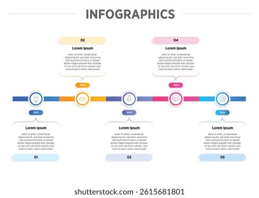 Timeline infographic template or element with 5 step, process, option, colorful 3D pin, circle, arrow, year 2021, 2022, 2023, 2024, 2025, paper origami, bar for sale slide, planner flowchart workflow