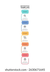 Timeline infographic template featuring seven vertical, stacked diamond shapes with a gradient fill from yellow to blue. Each diamond contains a thin line icon and adjacent placeholder text.