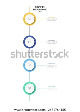 Timeline infographic template featuring seven vertical, connected circles with a gradient outline from light green to blue, pointing downwards with an arrow. Each circle contains a thin line icon.
