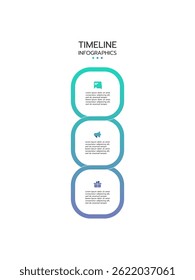Modelo infográfico de linha do tempo com três retângulos arredondados verticais conectados com um gradiente de azul-petróleo a roxo. Cada elemento contém um ícone e uma área de texto. Ilustração vetorial.