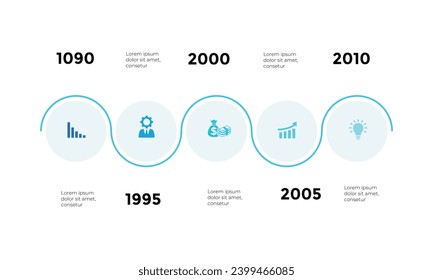 Timeline infographic template with five connected circle and icons. Chart strategy process. Modern vector for company or corporate business project and presentation. Trendy Eps10 design