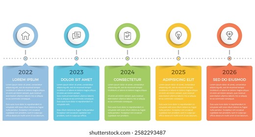 Timeline infographic template with five rectangular elements symbolizing events or milestones and five circles for icons, vector eps10 illustration