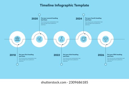 Timeline infographic template with five stages - blue version. Can be used for your website or presentation.