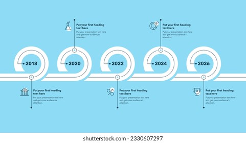 Timeline infographic template with five stages - blue version. Can be used for your website or presentation.