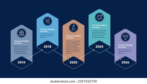 Timeline infographic template with five stages - dark version. Can be used for your website or presentation.