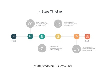 Plantilla de infografía de línea de tiempo con cuatro iconos y círculos conectados. Proceso de estrategia de gráfico. Vector moderno para proyectos y presentaciones de empresas o empresas. Diseño moderno Eps10