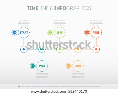 Timeline infographic template with icons and buttoms - record, rewind, play, pause, stop.  Business presentation concept with options or processes. Time line of Social tendencies and trends graph.
