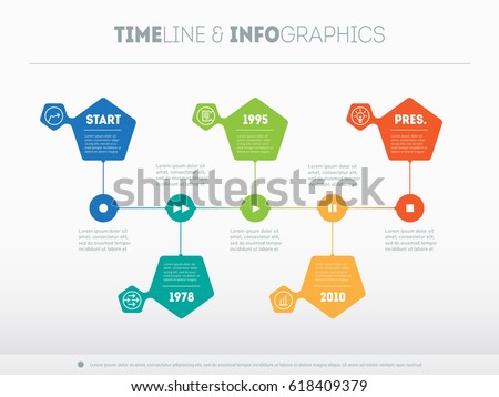 Timeline infographic template with icons and buttoms - record, rewind, play, pause, stop. Business presentation concept with options or processes. Time line of Social tendencies and trends graph