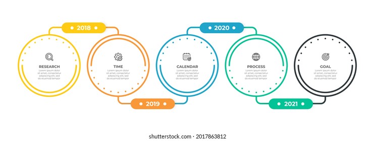 Diseño de etiquetas de plantillas de infografía de línea de tiempo con líneas delgadas y círculos. Concepto de negocio con 5 opciones o pasos. Ilustración vectorial.