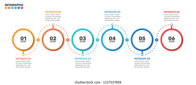 Timeline infographic template with Modern circles shapes. Business process line with 6 number options, steps. Vector illustration.