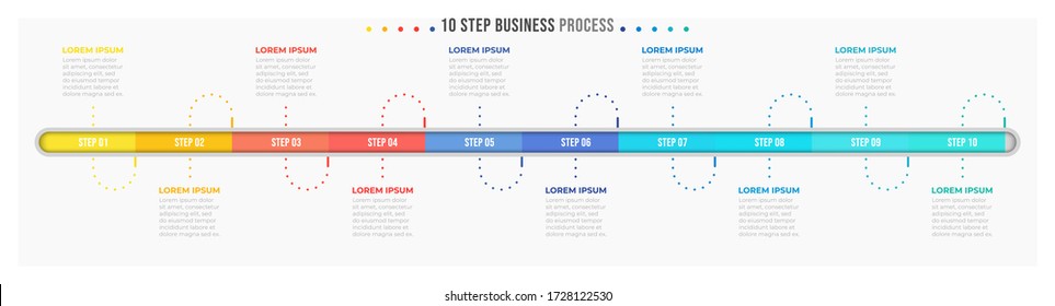 Timeline infographic template. Progress bar design with 10 number options or steps. Vector illustration.