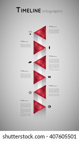 timeline infographic template with red crystal triangles and icons
