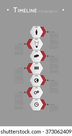 timeline infographic template with red hexagons and icons, flat effect