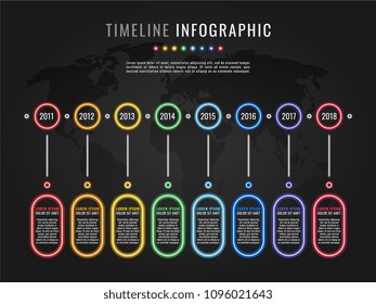 Timeline Infographic Template With Round Neon Glow Elements And Text Boxes On Dark Background With World Map Silhouette