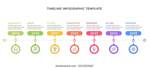 Plantilla de infografía de línea de tiempo con siete partes para eventos, hitos o años, ilustración de Vector eps10