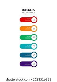 Modelo de infográfico de linha do tempo mostrando sete retângulos circulares verticais conectados com um gradiente de vermelho a azul escuro. Cada elemento tem uma seção circular e espaço para texto. Ilustração vetorial.